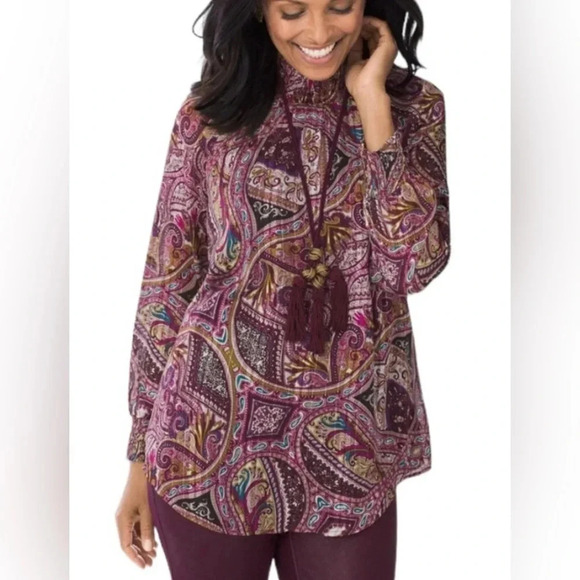 CHICO’S paisley print semi sheer long sleeve mock neck style lined size M/8P - Picture 1 of 11